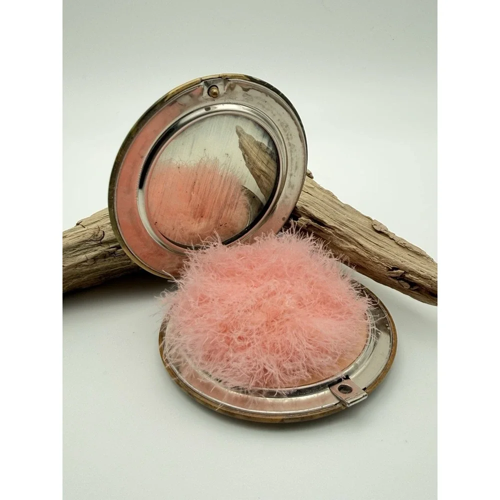 Wonderful antique powder compact with mirror, pink ostrich puff victorian